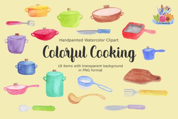 Colorful Cooking Watercolor Clipart & Illustrations