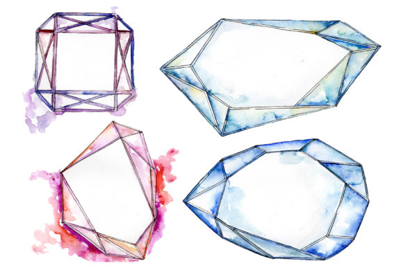 Crystals Fine Red Blue Watercolor Illustrations