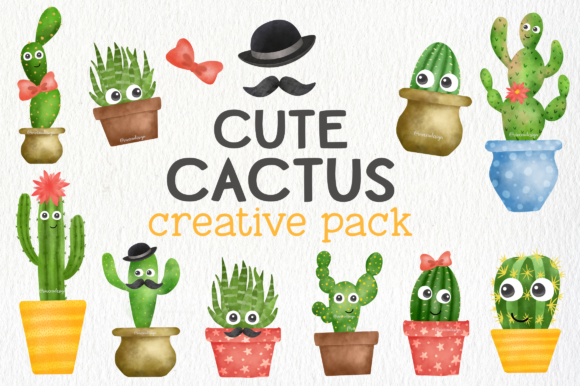 Cute Watercolor Cactus Creative Pack Illustrations