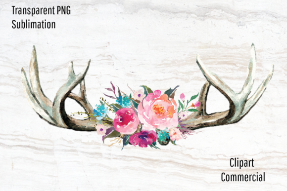 Deer Antlers, Bright Watercolor Flowers Illustrations