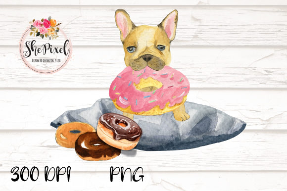 French Bulldog Donut Watercolor Clipart & Illustrations