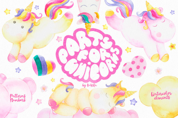 Magic Cute Unicorns Watercolor Illustrations