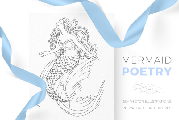 Mermaid Poetry Lineart Watercolor Illustrations