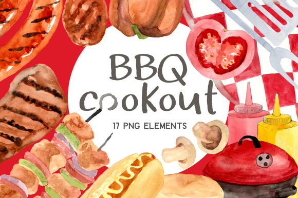Outdoor Barbecue Burgers Watercolor Set Illustrations