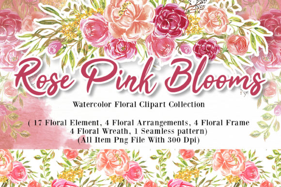 Rose Pink Blooms Watercolor Set Illustrations