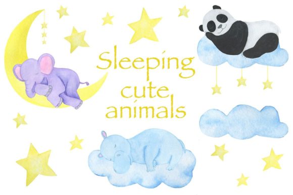 Sleeping Cute Animals Watercolor Illustrations