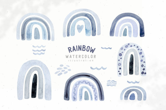 Watercolor Neutral Blue and Grey Rainbow Illustrations