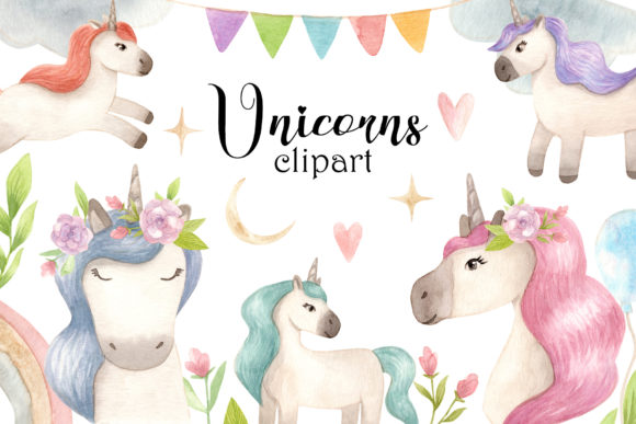 Watercolor Unicorns: Clipart and Illustrations