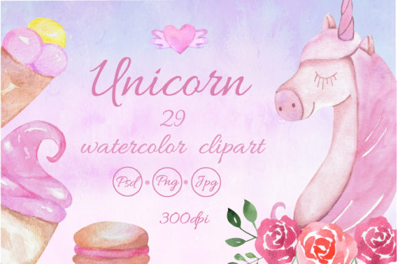 Watercolor Unicorns Clipart & Illustrations