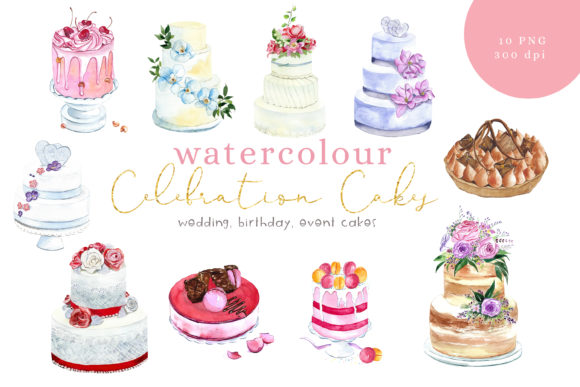 Watercolour Cakes Clip Art & Illustrations
